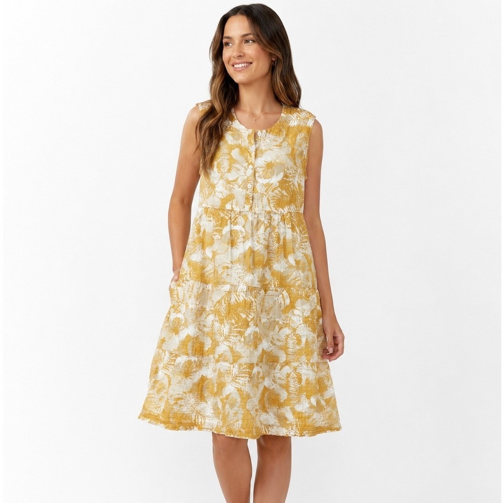 Columbia Mustard Floral Tiered Dress Sleeveless Summer Travel Outdoor | Small